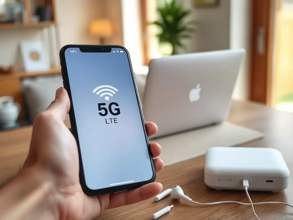 Smartfon z pełnym zasięgiem 5G/LTE obok routera mobilnego, symbol szybkiego internetu bez limitu w domu.