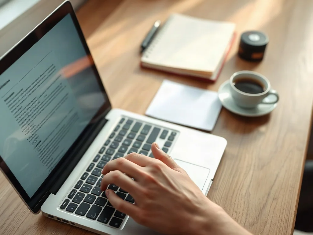Osoba pracująca na laptopie przy biurku z notatnikiem i kawą, ilustrująca proces edycji dokumentów w programie Word.