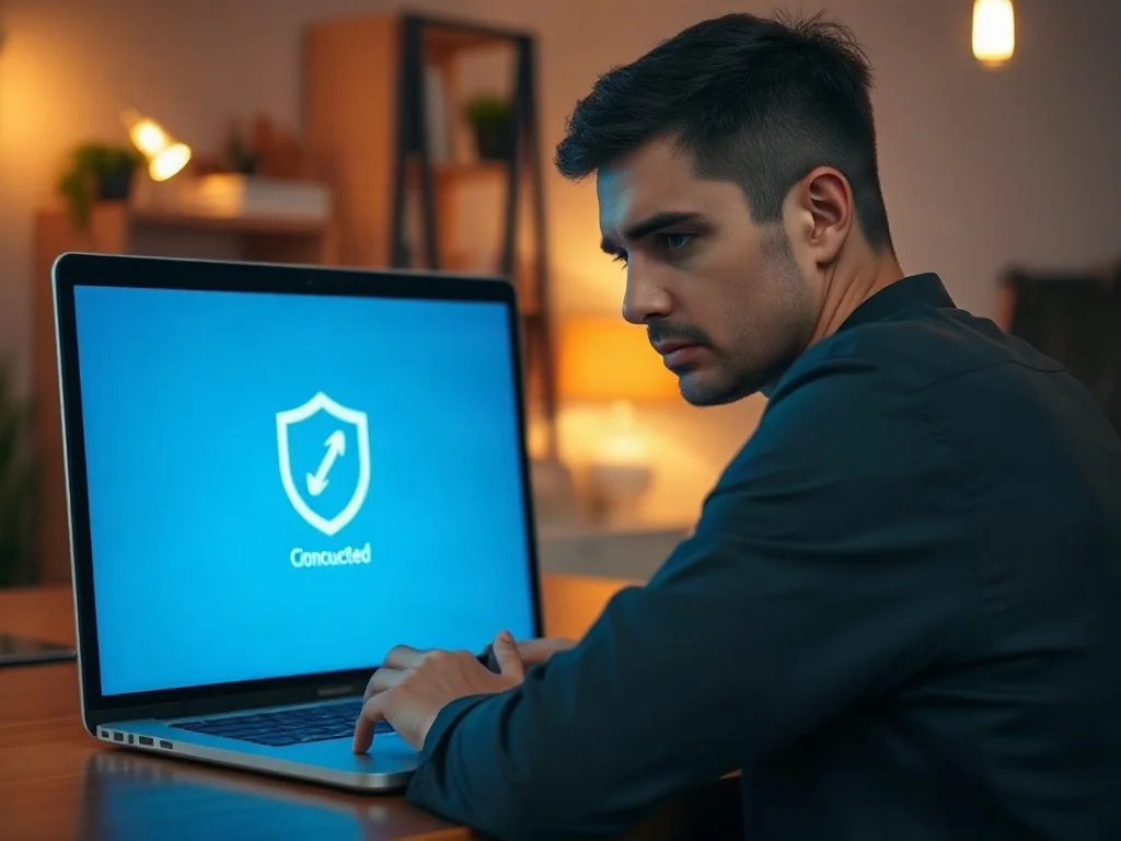 Osoba przy biurku z frustracją patrzy na ekran laptopa z ikoną braku połączenia z siecią Wi-Fi.