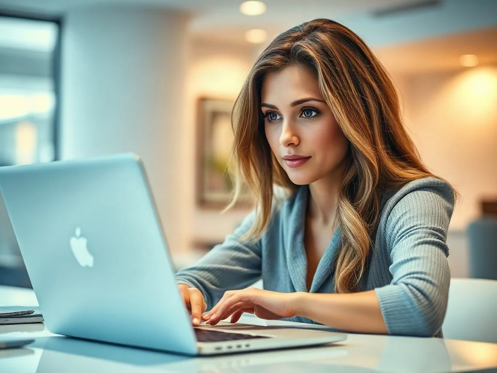 Kobieta pracująca przy laptopie w nowoczesnym biurze, skupiona na pisaniu na klawiaturze.