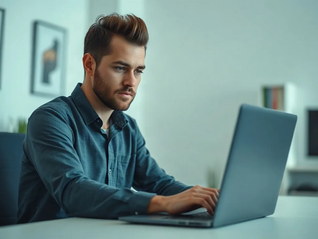 Mężczyzna przy laptopie z otwartym interfejsem instalacji systemu Windows w nowoczesnym biurze.