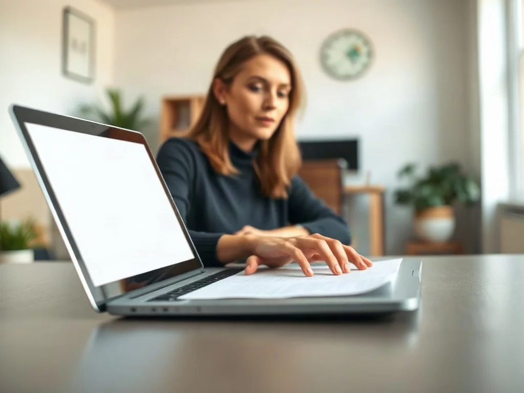 Kobieta pisząca na laptopie przy biurku, przygotowująca pusty dokument tekstowy w programie Word.
