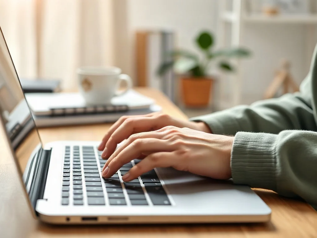 Dłonie osoby piszącej na klawiaturze nowoczesnego laptopa w jasnym, minimalistycznym biurze.
