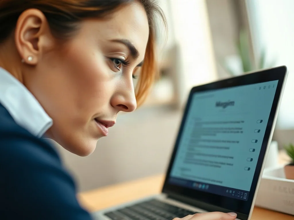 Kobieta pracująca przy laptopie, na którego ekranie widać otwarty dokument z ustawieniami marginesów w programie Word.