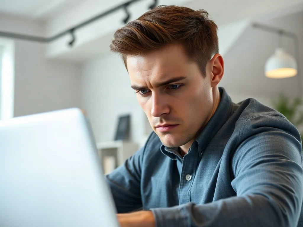 Zestresowany pracownik biurowy patrzący na ekran laptopa w nowoczesnym biurze.