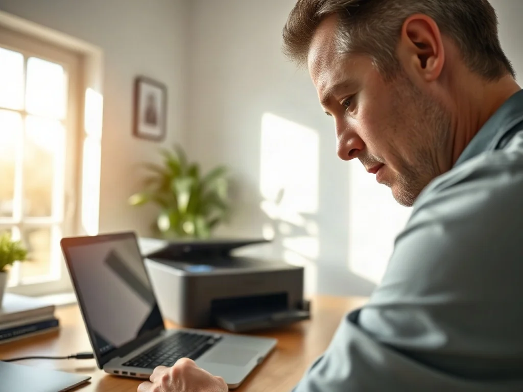 Mężczyzna konfiguruje drukarkę podłączoną do laptopa na biurku w jasnym, domowym biurze.