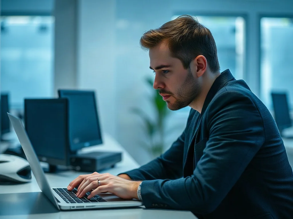 Mężczyzna skupiony na ekranie laptopa podczas procesu aktualizacji systemu operacyjnego w nowoczesnym biurze.