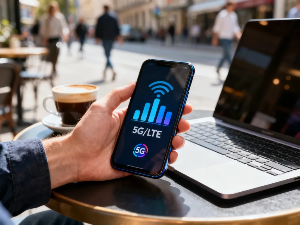 Smartfon z pełnym zasięgiem 5G na stoliku w kawiarni, obok laptopa i kawy, symbol mobilnego internetu bez limitu; no text on the picture